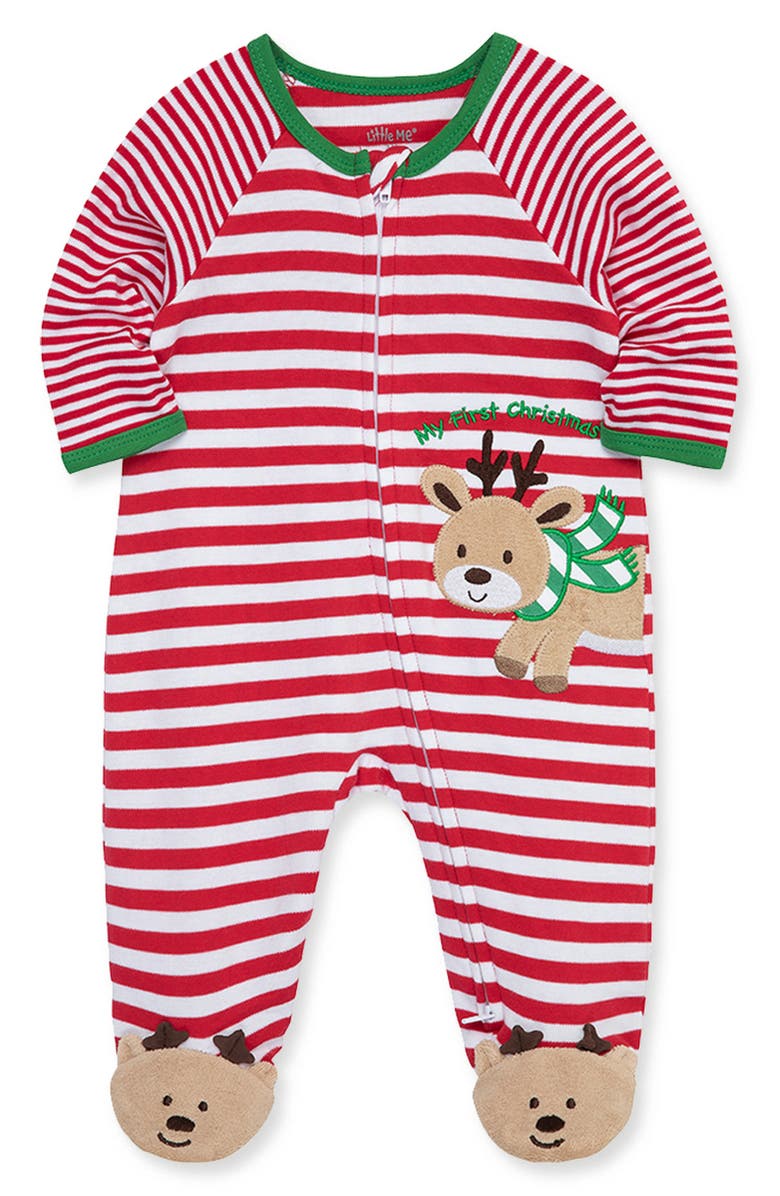 Little Me Reindeer Stripe Holiday Footie, Alternate, color, Red