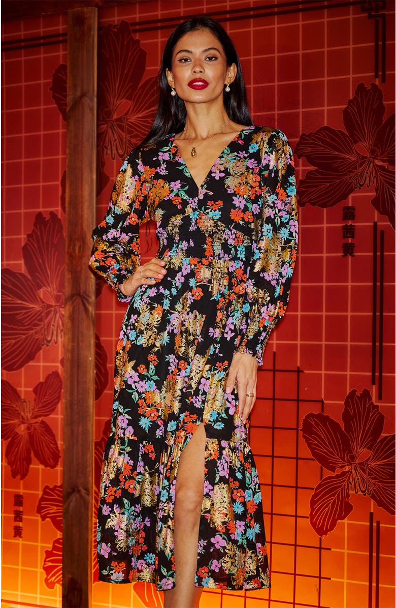 Yumi Floral And Foil Ruched Midi Dress, Alternate, color, Black