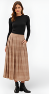 Modenaire Plaid Pleated Maxi Skirt with Elastic Waistband