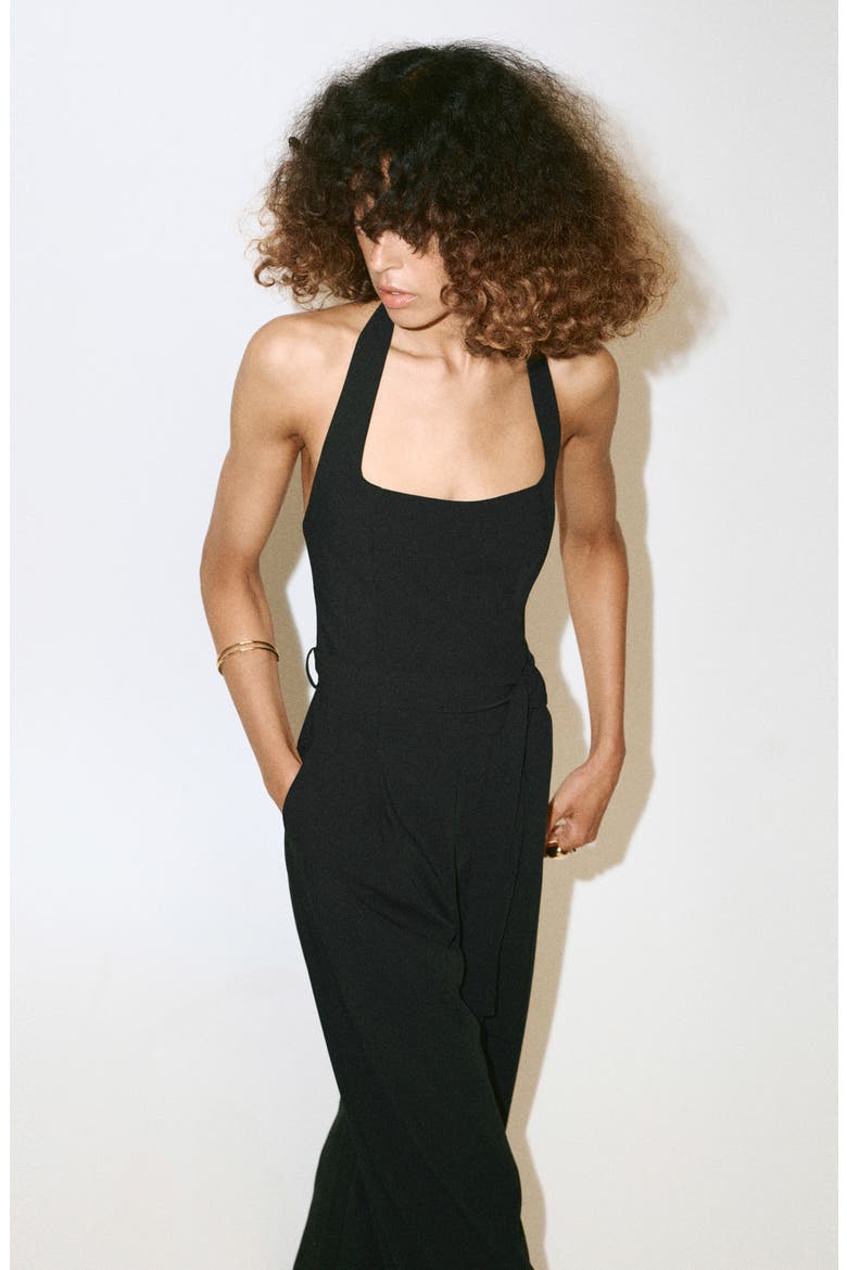 Pleated Halter Jumpsuit, Alternate, color, BLACK