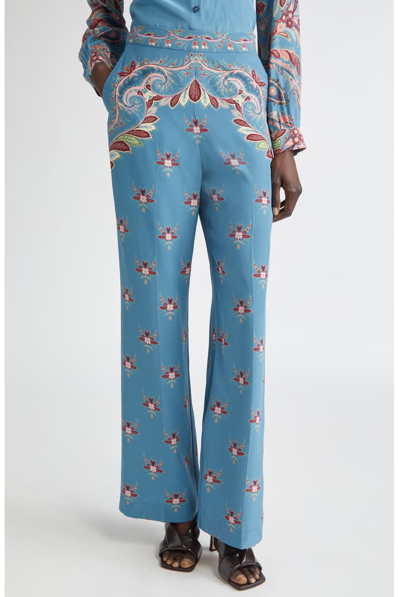 Floral Paisley Silk Flare Leg Pants, Main, color, PRINTED BLUE BASE