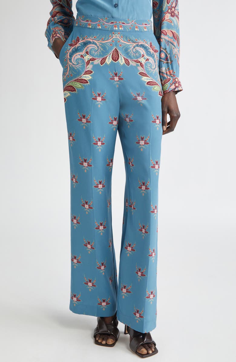 Etro Floral Paisley Silk Flare Leg Pants, Main, color, Printed Blue Base