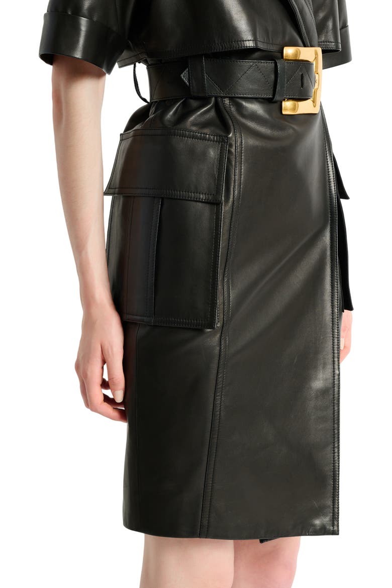 Belted lambskin leather dress, Alternate, color, black
