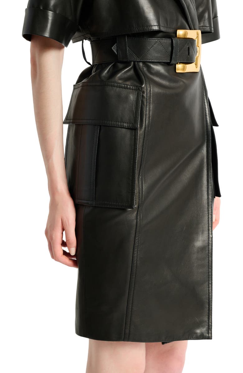 Balmain Belted lambskin leather dress, Alternate, color, Black