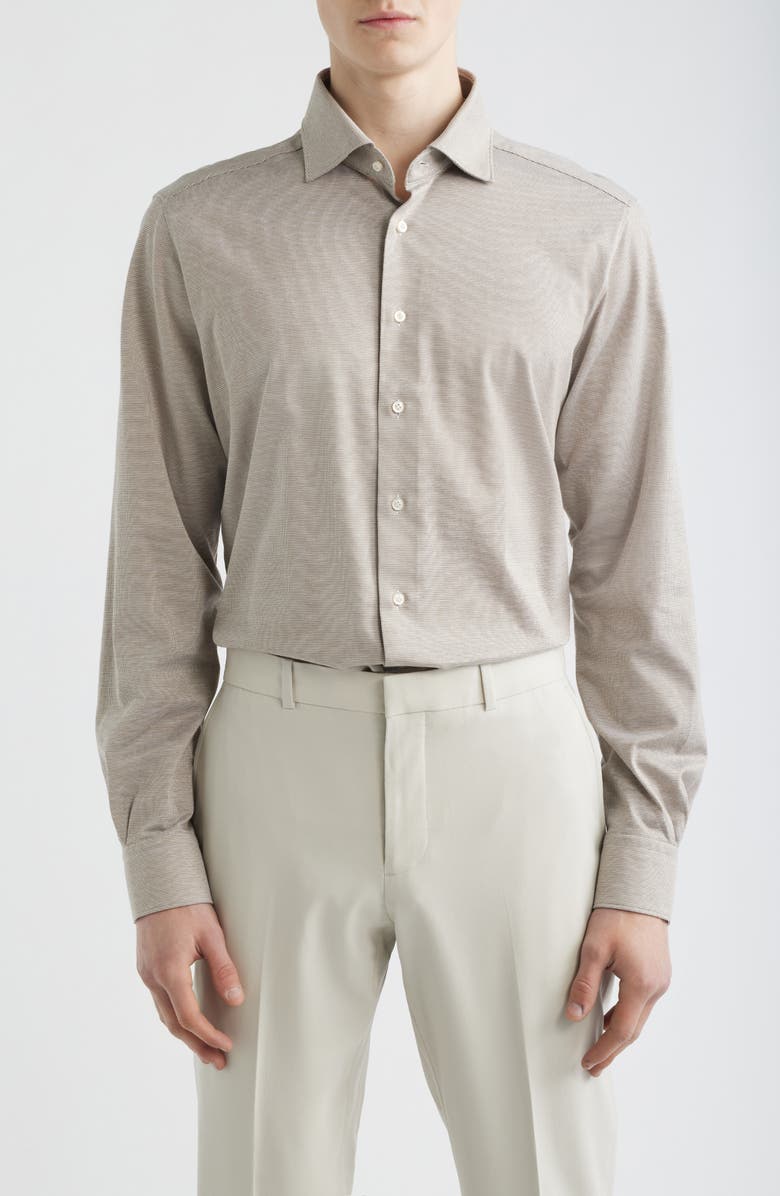 Emanuel Berg Premium Modern Fit Microhoundstooth Cotton Jersey Dress Shirt, Main, color, Light Beige