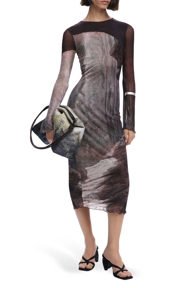 Abstract Print Long Sleeve Mesh Midi Dress, Main, color, DARK BROWN