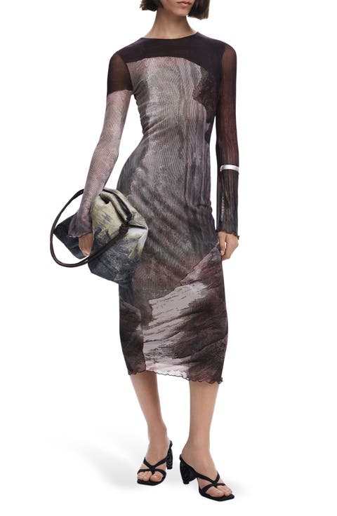 Abstract Print Long Sleeve Mesh Midi Dress