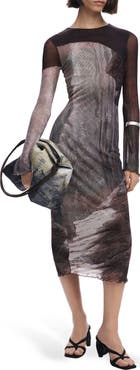 Desigual Abstract Print Long Sleeve Mesh Midi Dress