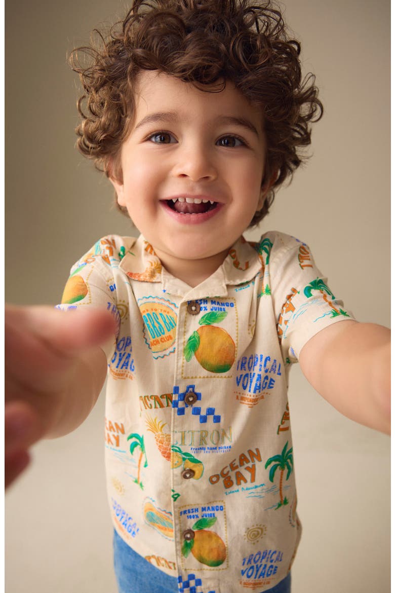 Kids' Fruit Print Short Sleeve Button-Up Shirt, Alternate, color, BEIGE MULTI