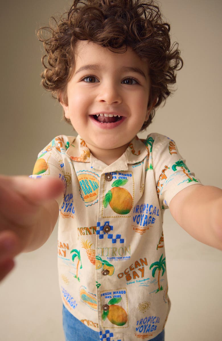 NEXT Kids' Fruit Print Short Sleeve Button-Up Shirt, Alternate, color, Beige Multi