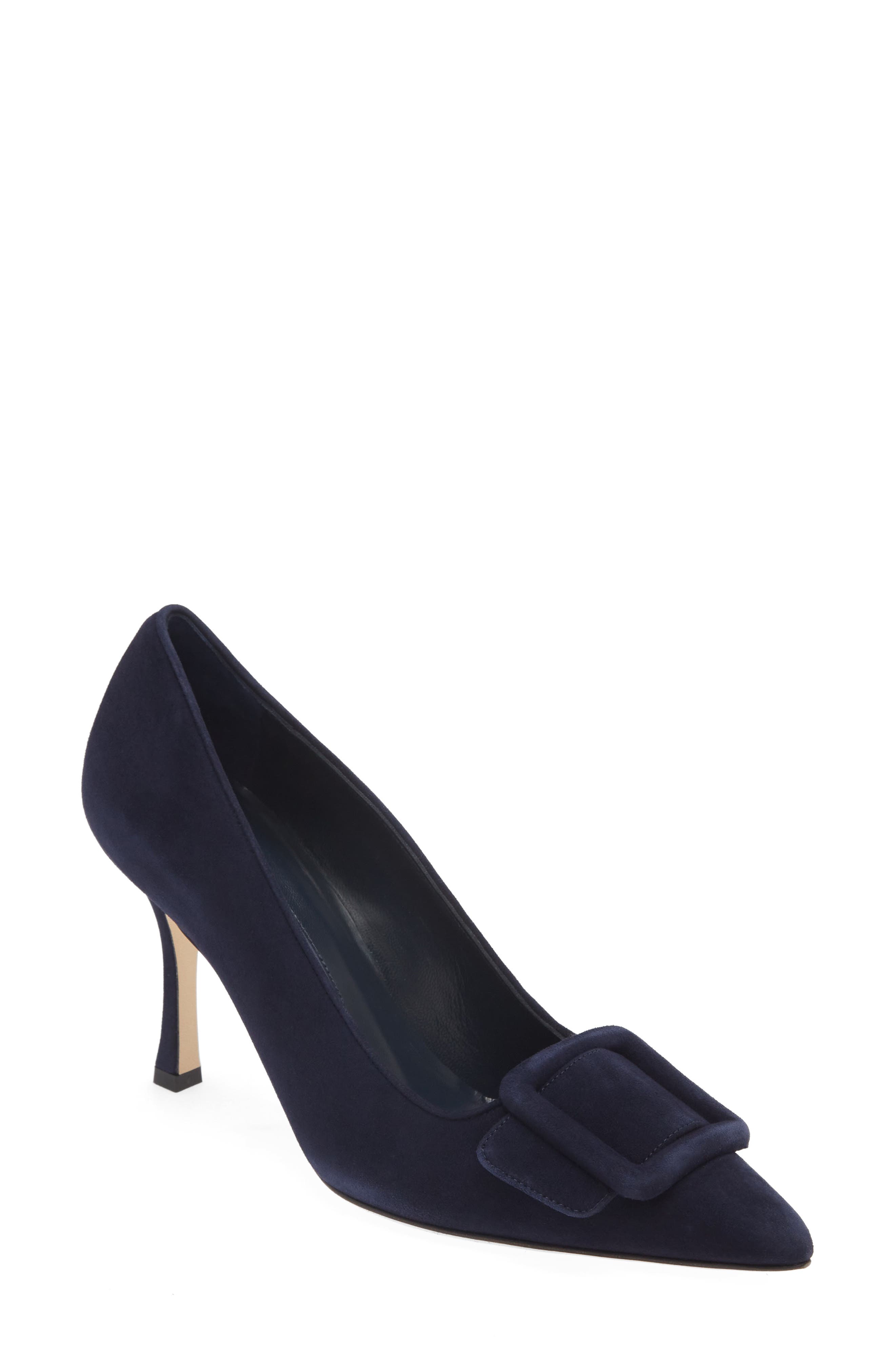 Manolo Blahnik Maysale Buckle Pointed Toe Pump, Main, color, Navy