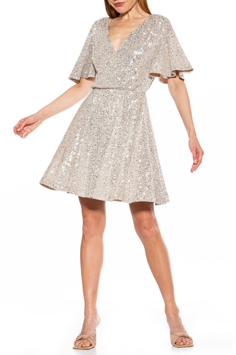 Oakless Sequin Flutter Sleeve Fit & Flare Dress, Main, color, SILVER