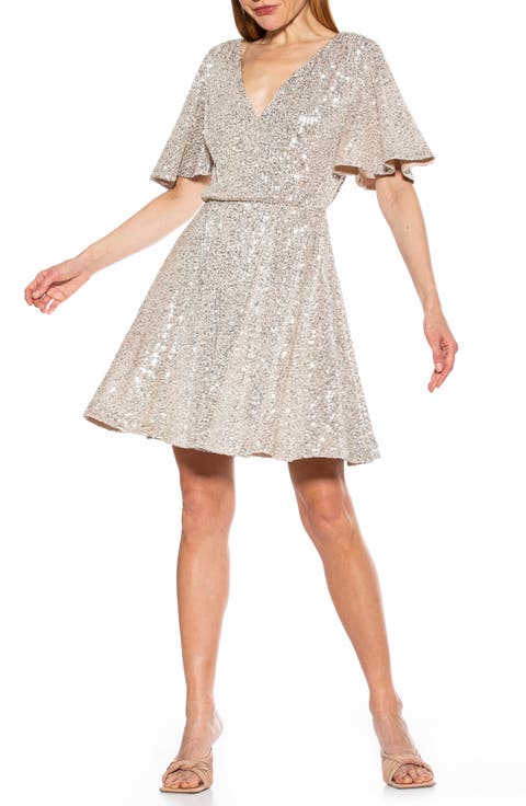 Oakless Sequin Flutter Sleeve Fit & Flare Dress