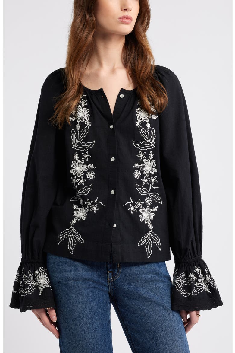 Embroidered Front Button Top, Main, color, BLACK-IVORY EMBROIDERED FLORAL