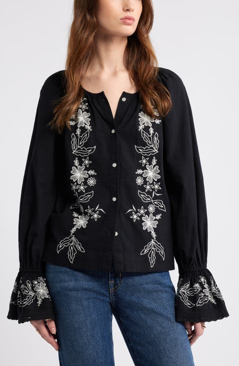 Embroidered Front Button Top