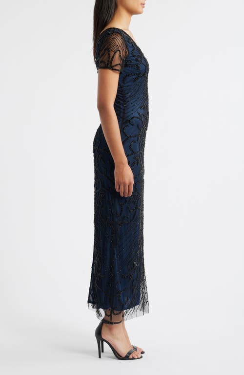 Pisarro Nights Beaded Mesh Column Gown In Blue