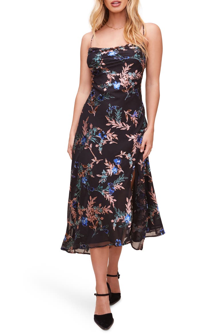 Gaia Floral Bias Cut Velvet Burnout Midi Dress, Main, color, BLACK MULTI FLORAL