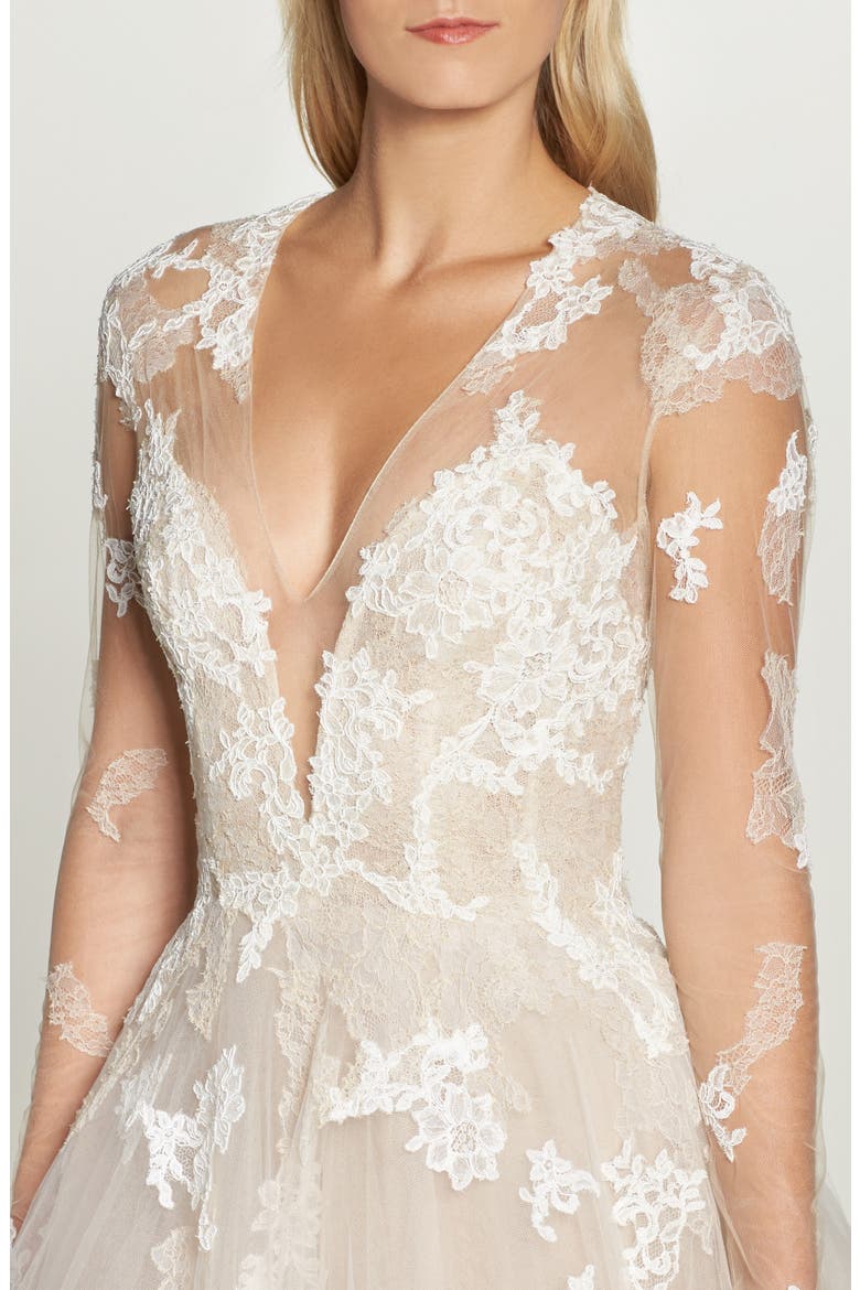 Rachelle Long Sleeve Tulle Wedding Dress, Alternate, color, LATTE