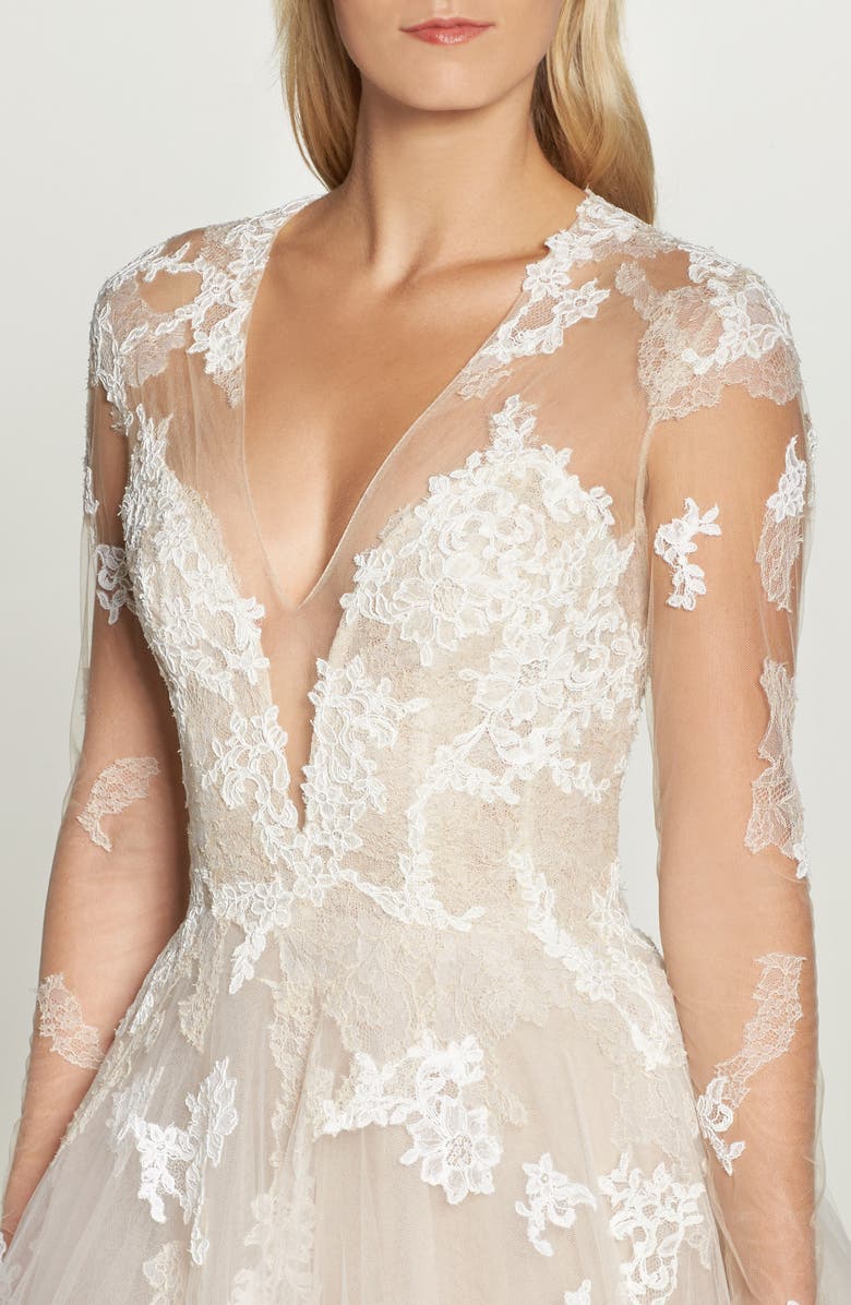 Monique Lhuillier Rachelle Long Sleeve Tulle Wedding Dress, Alternate, color, 