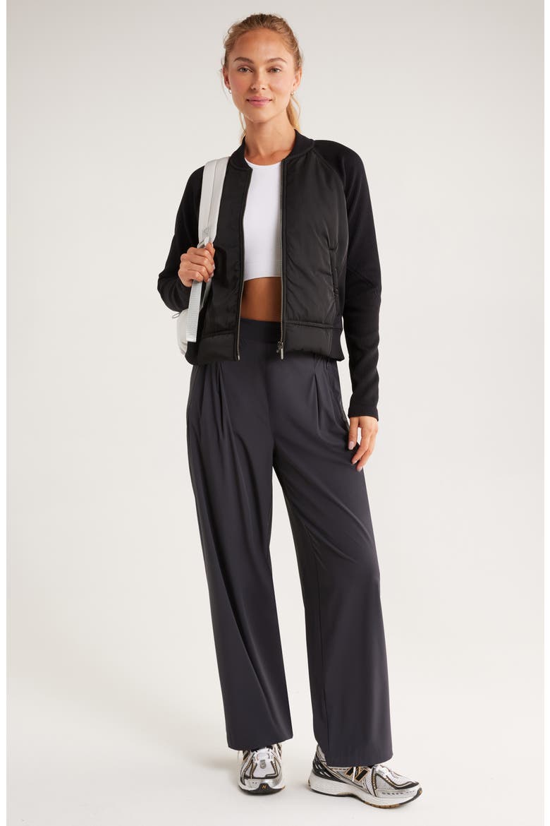 Seamless Mixed Media Bomber Jacket, Alternate, color, BLACK