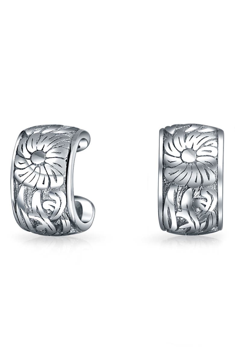 BLING JEWELRY Sterling Silver Etched Flower Cartilage Cuffs, Main, color, Silver