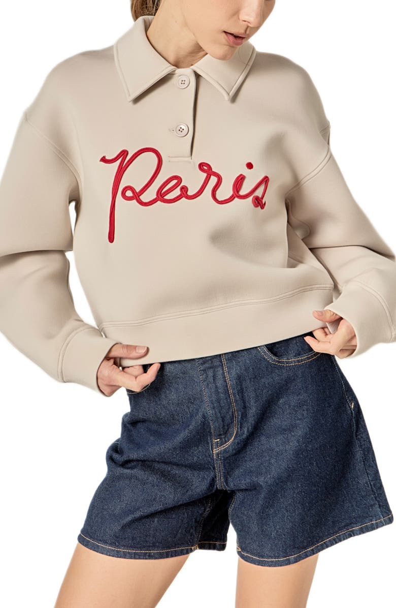 English Factory Lettering Scuba Polo Pullover, Alternate, color, Cream/ Red