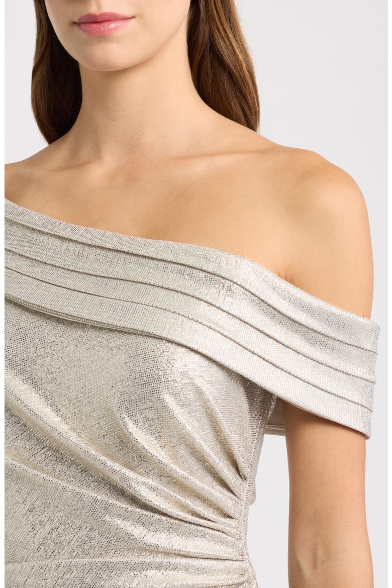 One-Shoulder Ruched Metallic Gown, Alternate, color, GOLD