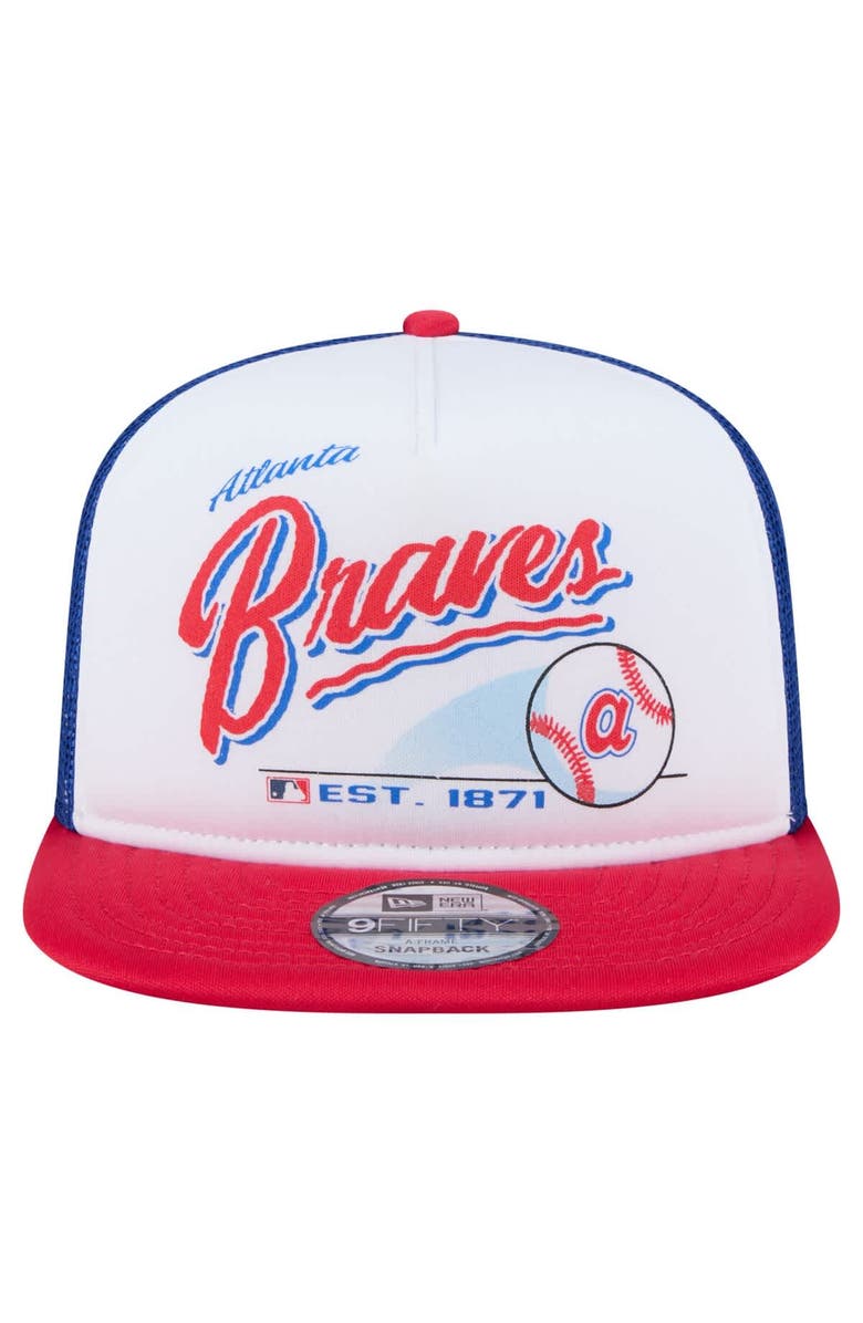 New Era Men's New Era White/Red Atlanta Braves Retro Script Trucker 9FIFTY Snapback Hat, Alternate, color, 