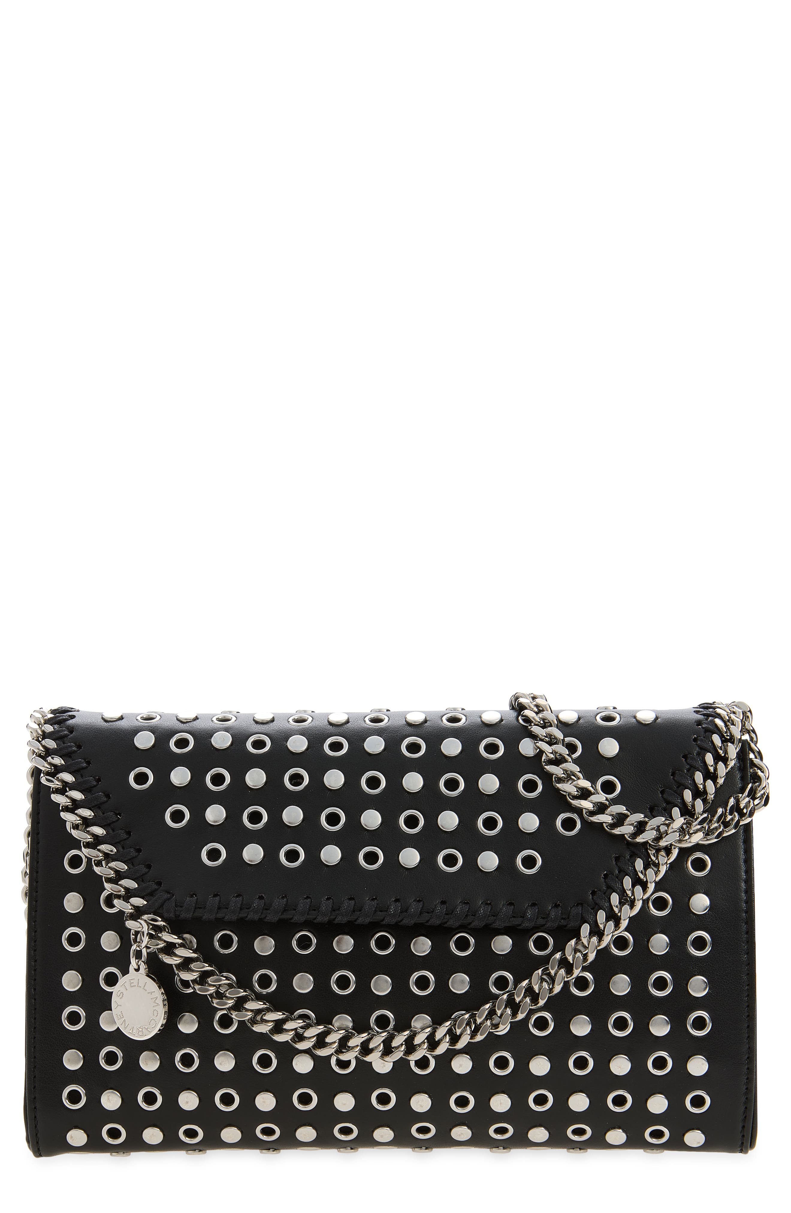 Falabella Studded Faux Leather Wallet on a Chain, Main, color, BLACK