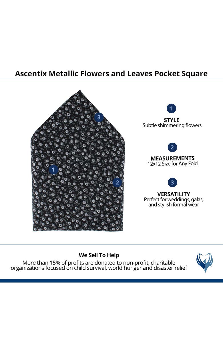 Ascentix Metallic Flowers and Leaves Pocket Square, Alternate, color, Black