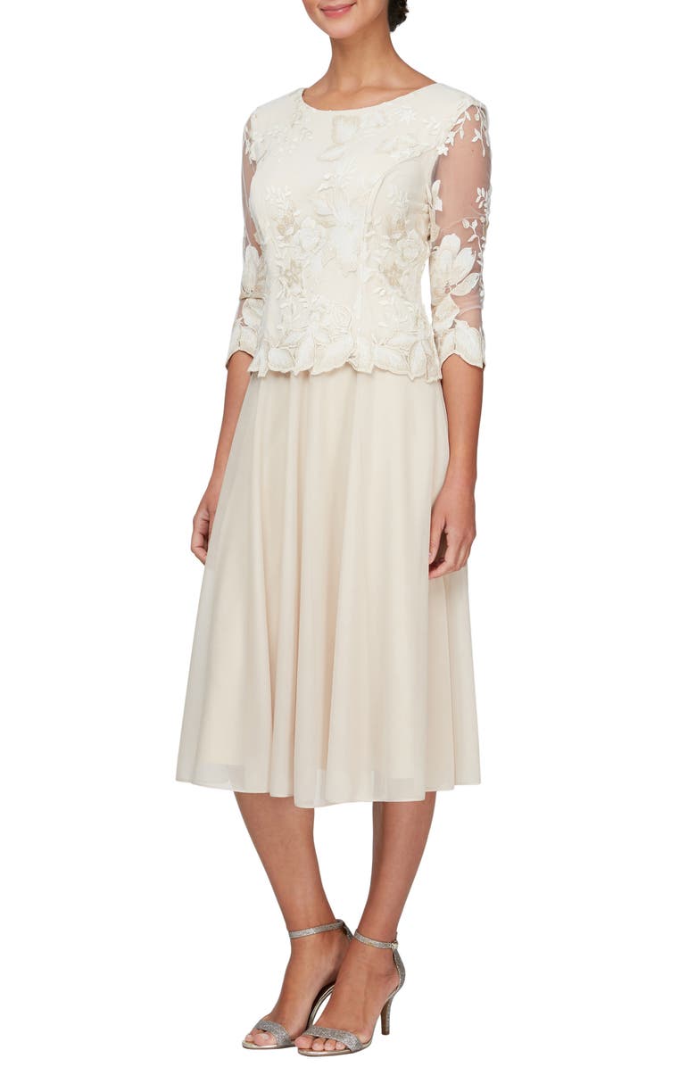 Alex Evenings Illusion Sleeve Embroidered Midi Dress, Main, color, Taupe