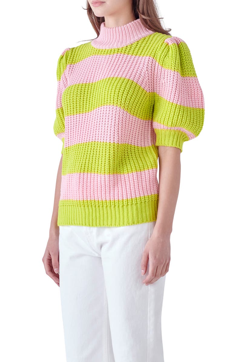 English Factory Stripe Puff Shoulder Mock Neck Sweater, Alternate, color, Pink/ Green