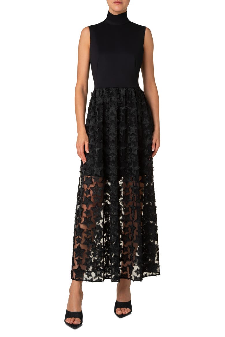 3D Star Embroidered Jersey & Tulle Midi Dress, Main, color, BLACK