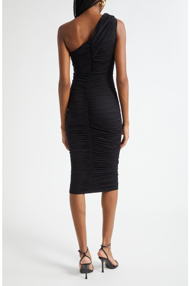 Cheryl Shirred One-Shoulder Body-Con Midi Dress, Alternate, color, BLACK
