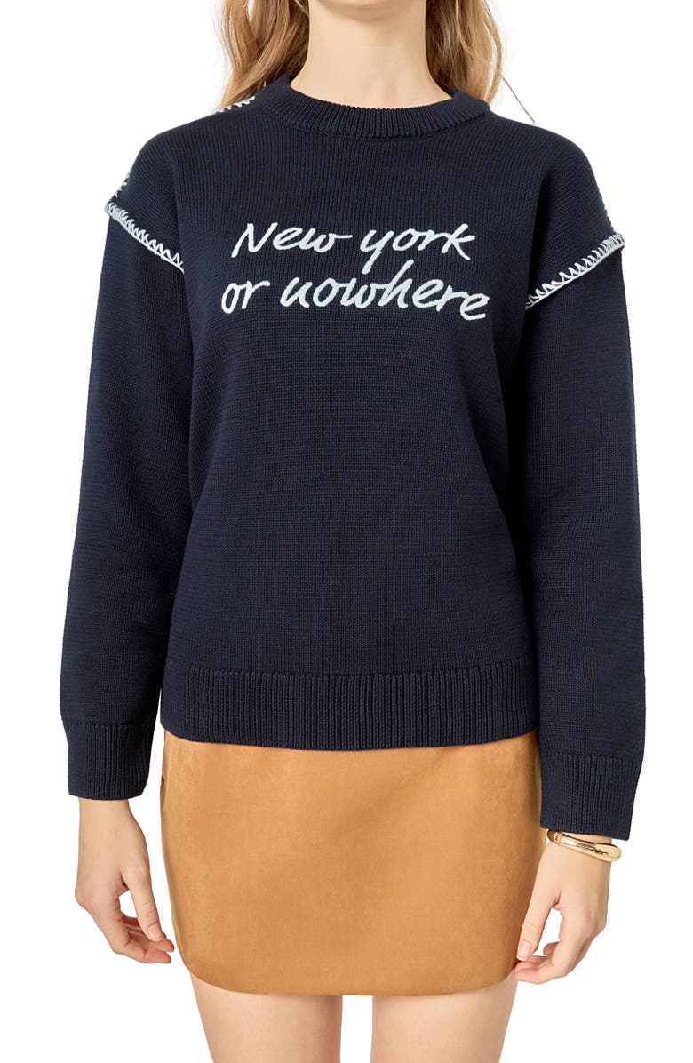English Factory New York Embroidered Cotton Sweater, Alternate, color, Navy/ Light Blue
