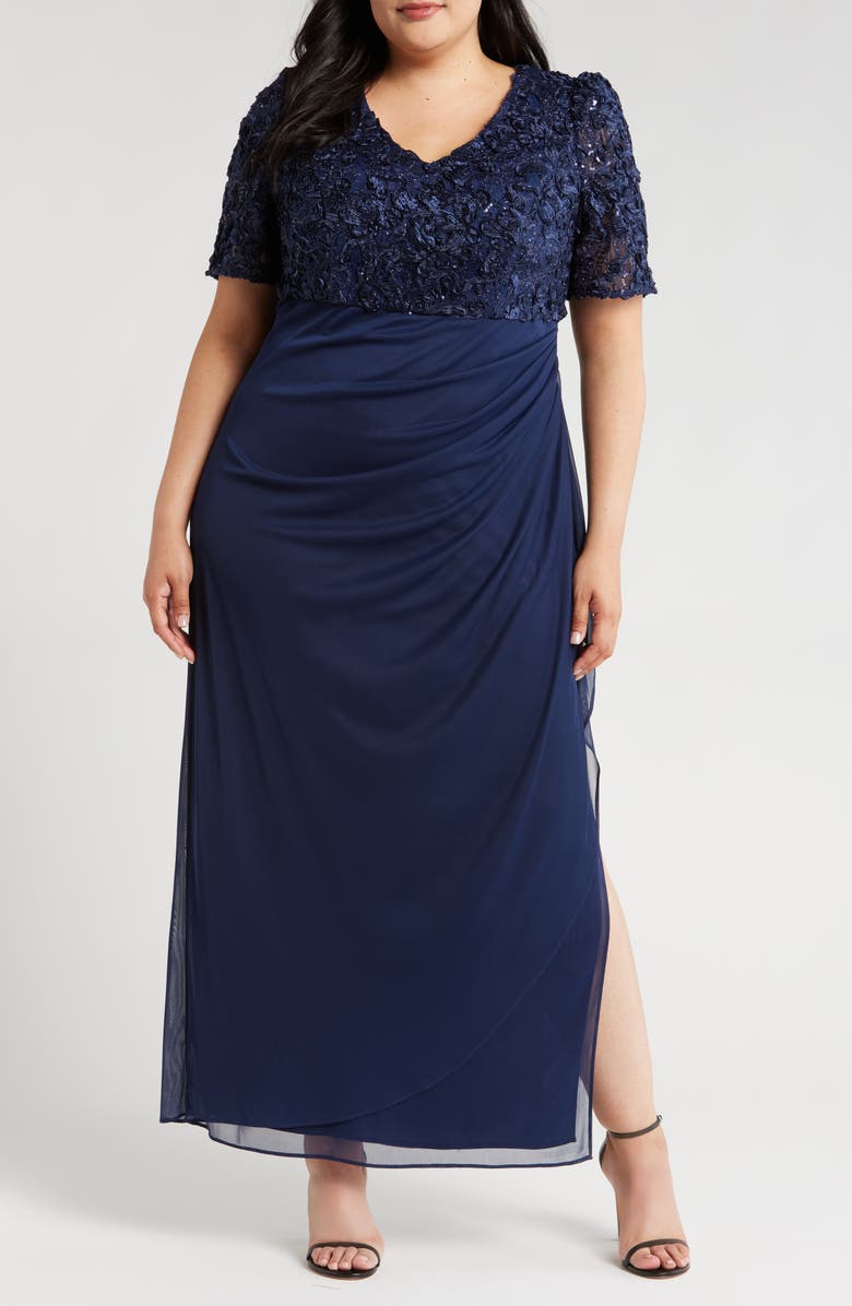 Alex Evenings Embellished Short Sleeve Empire Waist Gown, Main, color, Navy