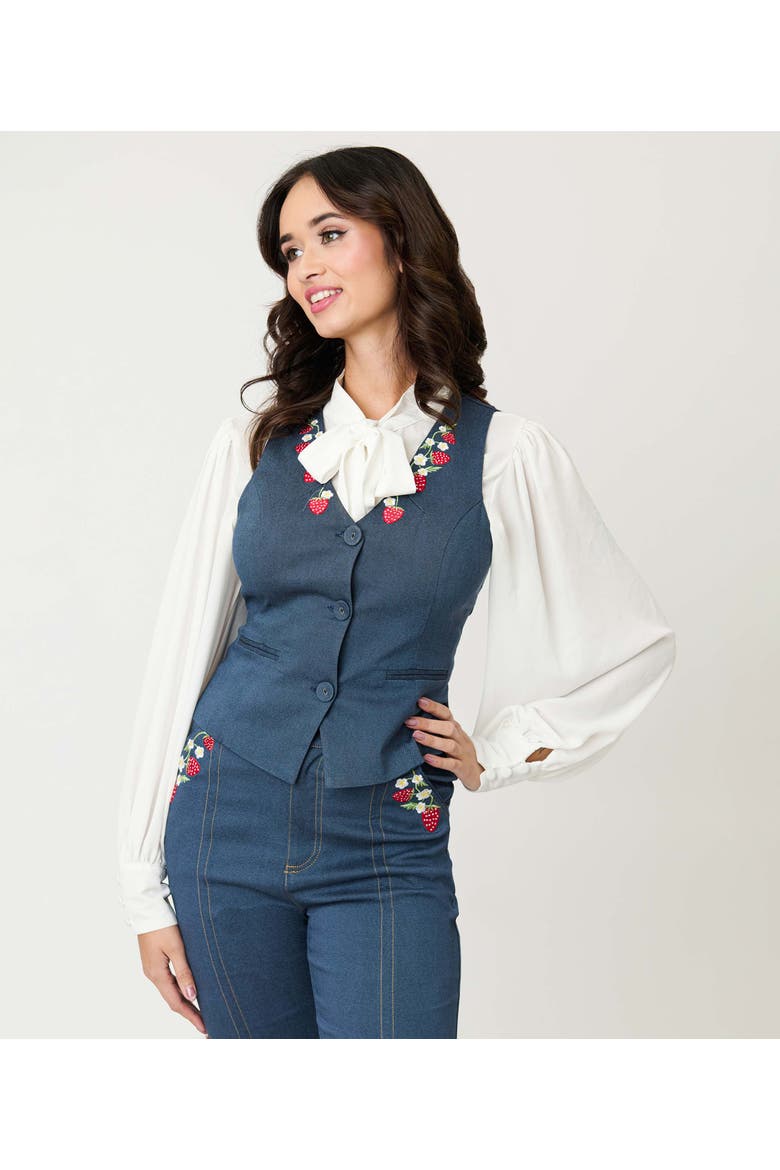 1940s Embroidered Button Up Vest, Main, color, Denim W/ Strawberries