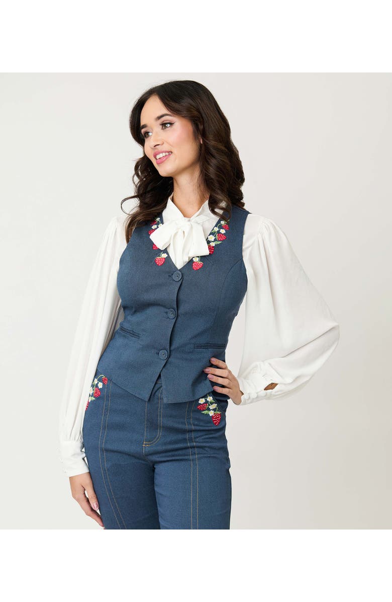 Unique Vintage 1940s Embroidered Button Up Vest, Main, color, Denim W/ Strawberries