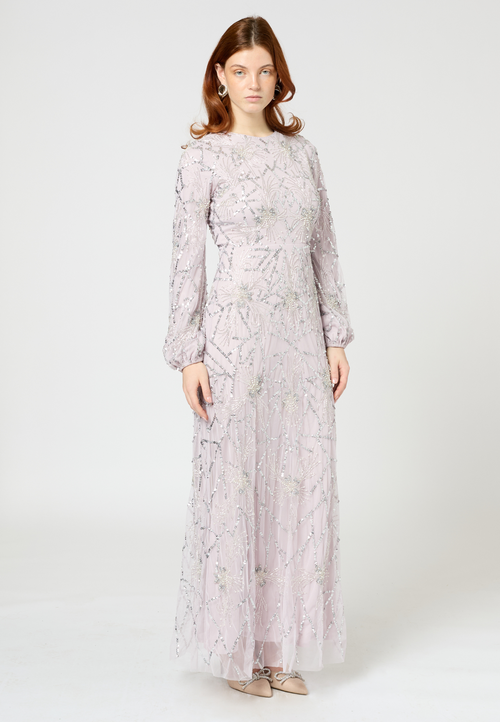 Maryisa Modest Embellished Sequin Beaded Maxi Dress With Sleeve