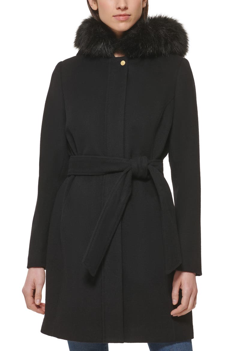 Faux Fur Trim Wool Blend Jacket, Alternate, color, BLACK