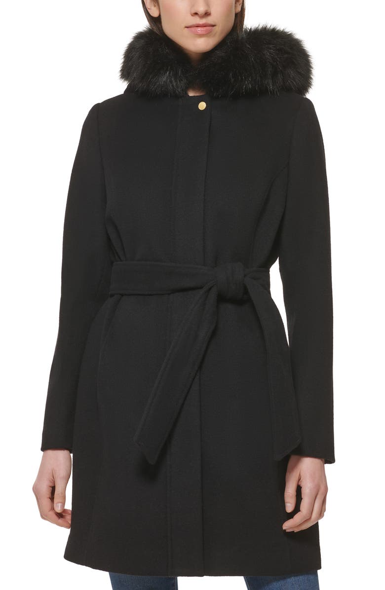 Cole Haan Faux Fur Trim Wool Blend Jacket, Alternate, color, 