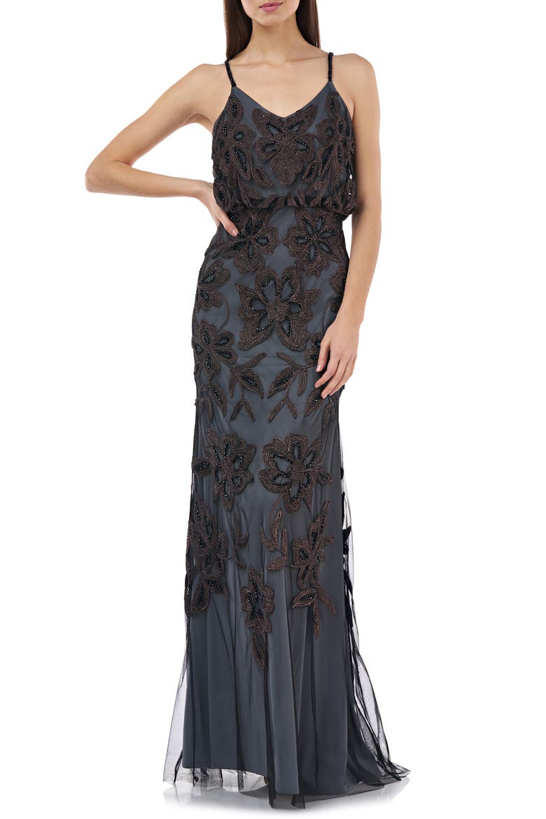 Beaded Blouson Gown, Main, color, BLACK/ MISTY LILAC
