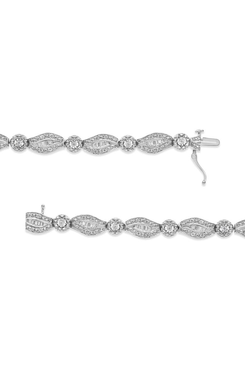 Silver 1 cttw Diamond Double Leaf and Bezel Link Bracelet, Alternate, color, White