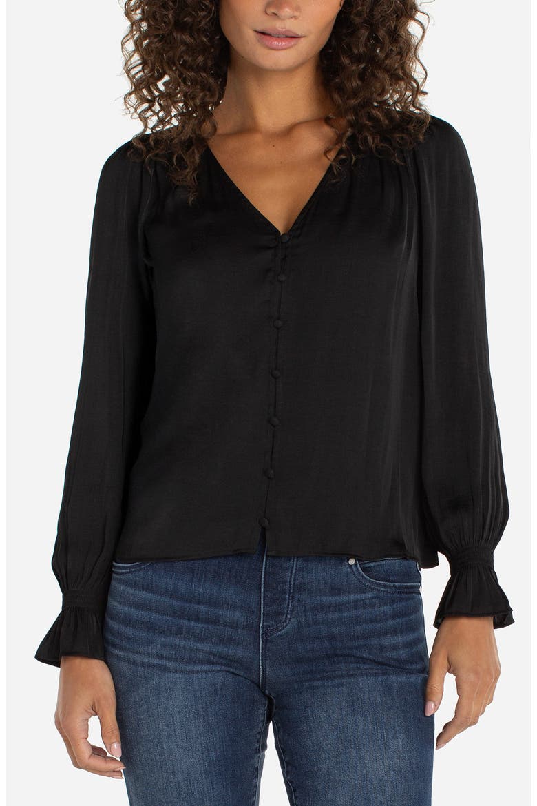 Smocked Cuff Button-Up Shirt, Main, color, BLACK