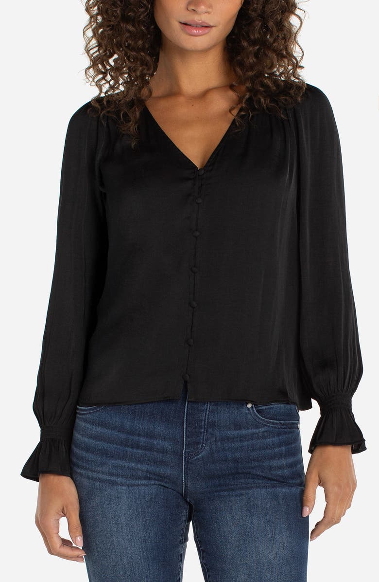 Liverpool Los Angeles Smocked Cuff Button-Up Shirt, Main, color, Black