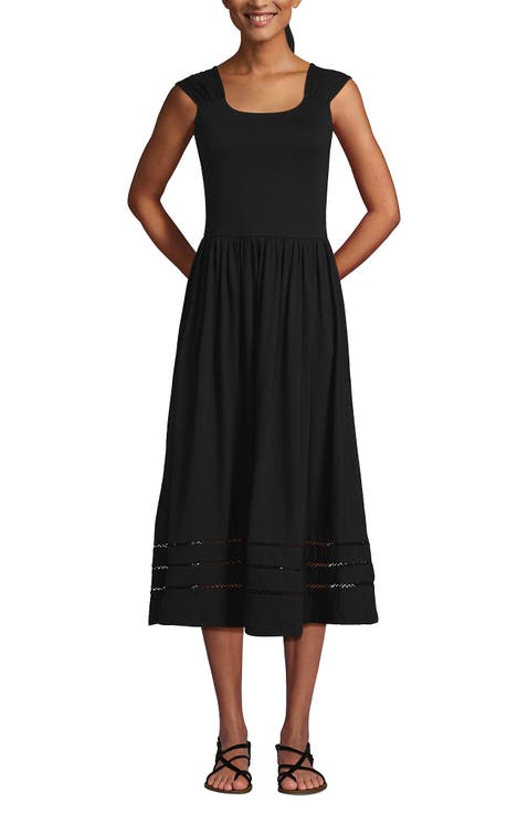 Slub Cap Sleeve Shirred Skirt Midi Dress