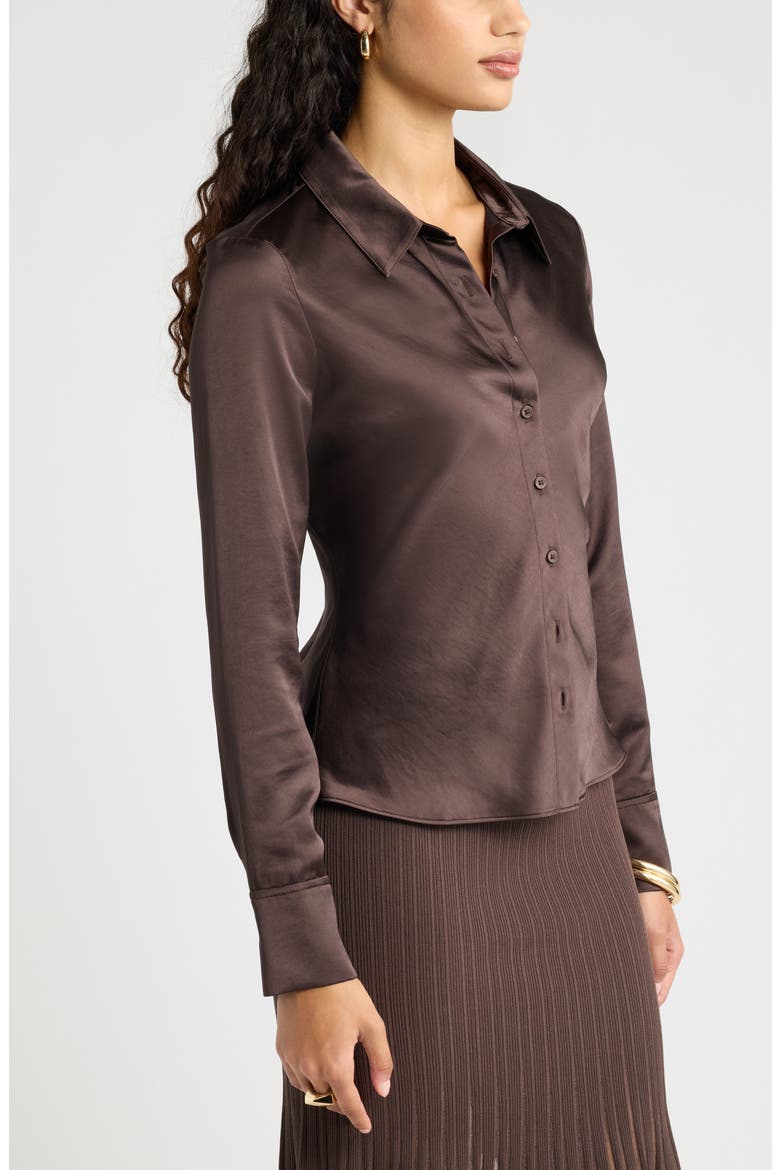 Fitted Satin Button-Up Shirt, Alternate, color, BROWN SEAL