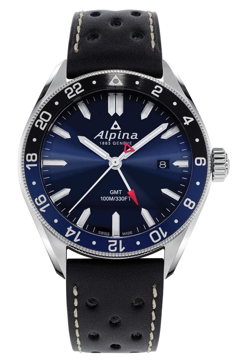 ALPINA Alpiner Water Resistant Leather Strap Watch, 42mm, Main, color,