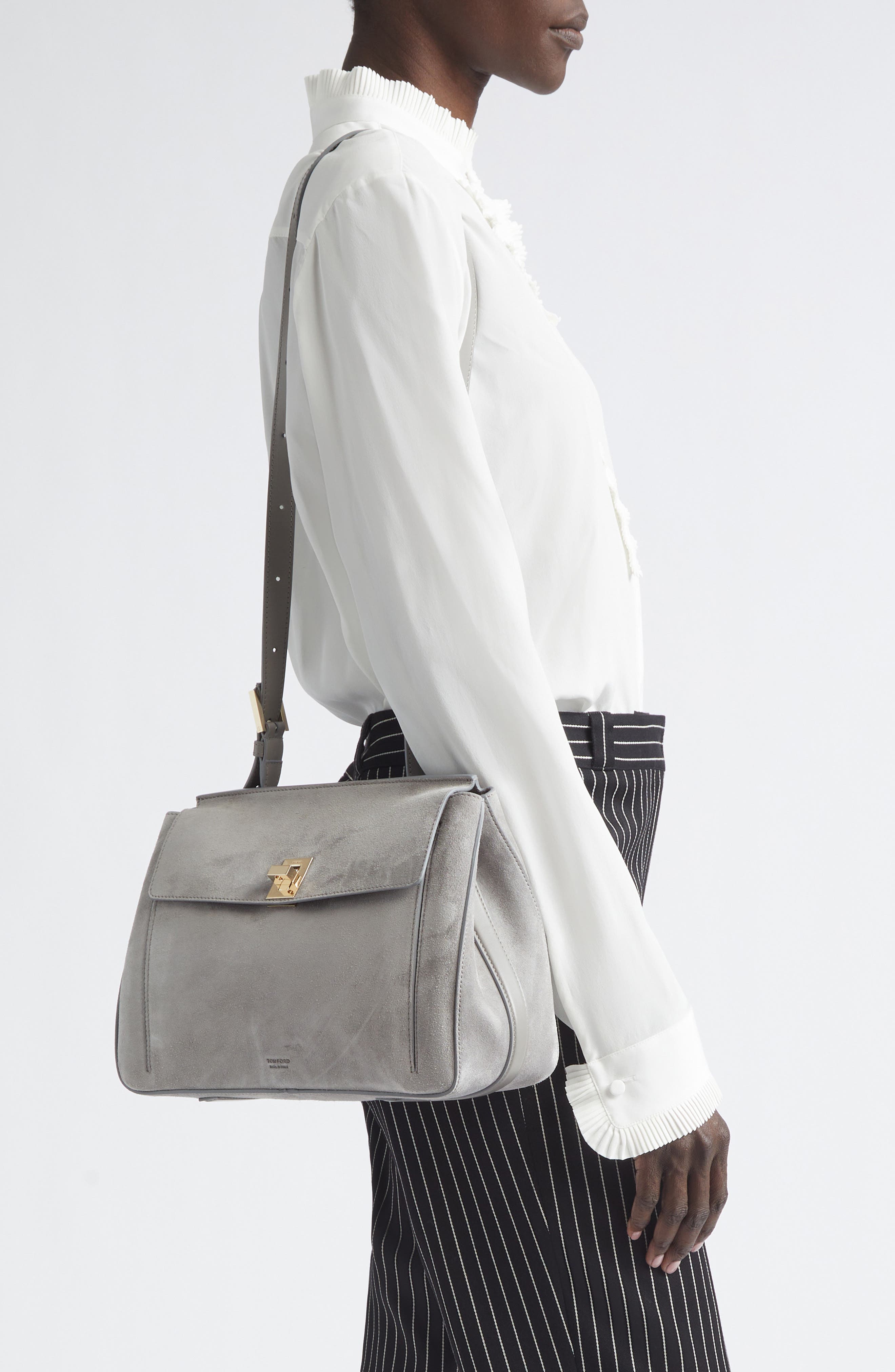 Medium Suede Besace Shoulder Bag, Alternate, color, CLOUDBURST