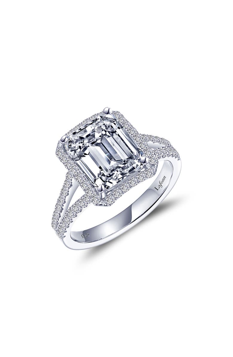 Lafonn Emerald Cut Simulated Diamond Halo Ring, Main, color, Silver/ Simulated Diamond